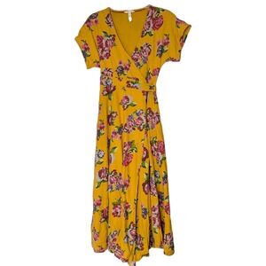 Matilda Jane Maxi Wrap Dress Women XS  Mustard Yellow Floral Cottagecore Boho